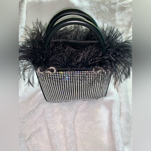 Mach & Mach Crystal & Feather Trim Satin Bag (Black) - Picture 6 of 13